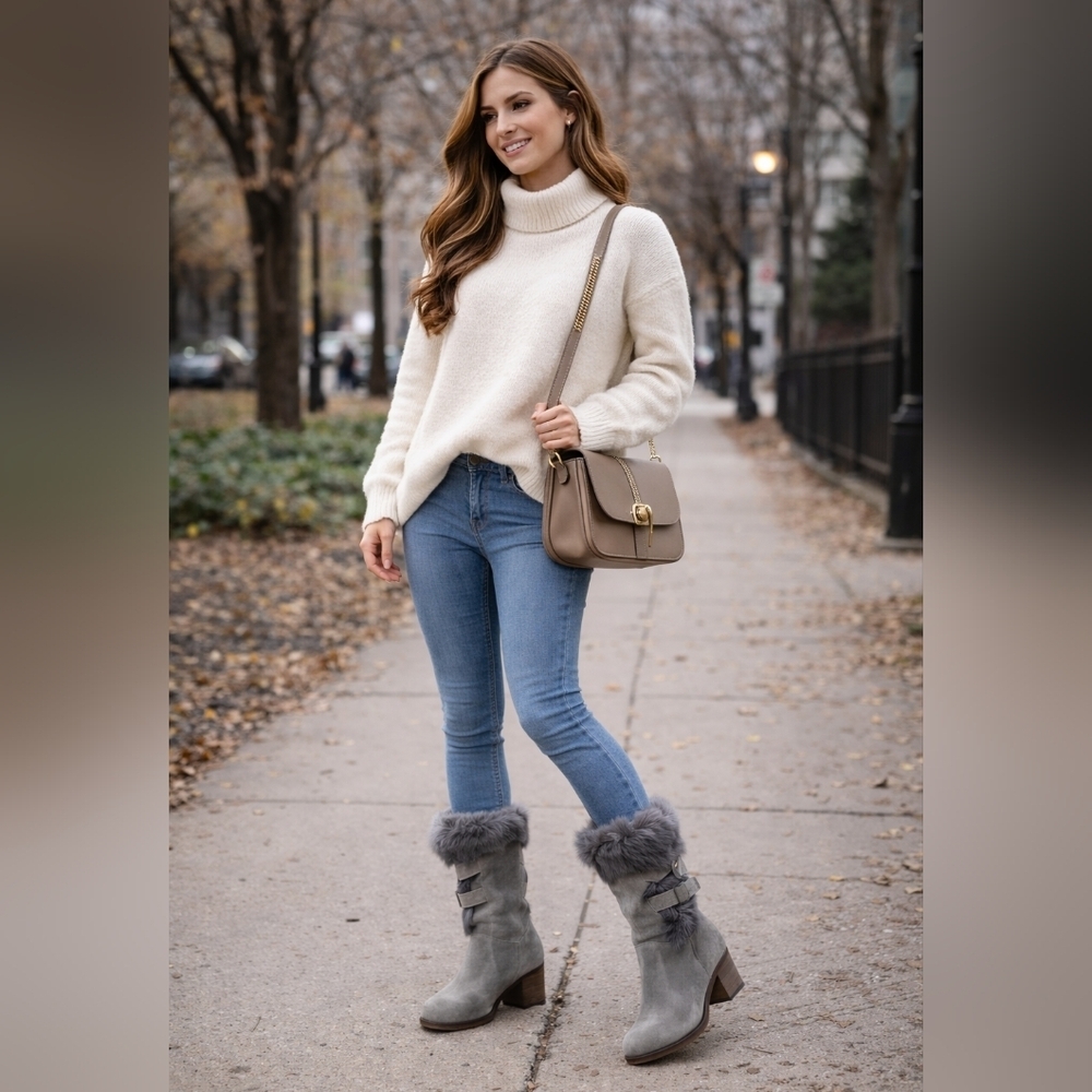 Bearpaw Madeline Gray Suede Leather Fur Lined Boot - Size:7
